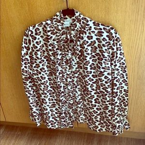 Leopard print LS ruffle front blouse